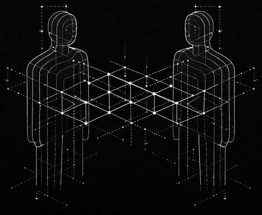 Two figures connected by dotted structural lines, partnership infrastructure